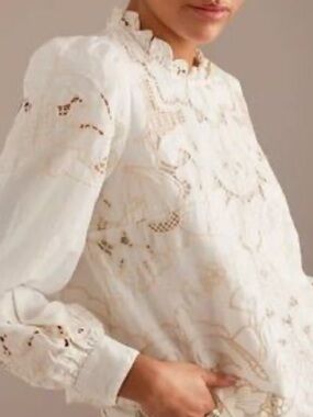 Anthropologie Ivory Lace-Detail Long Sleeve Blouse